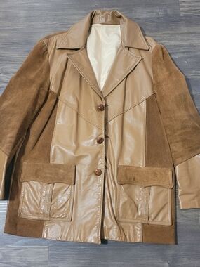 Mens Two-Tone Tan Leather & Suede Jacket Vintage Size Large